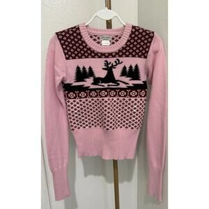 GUESS Women's Small Pink Vintage Christmas Sequin Reindeer Sweater Knit Cotton